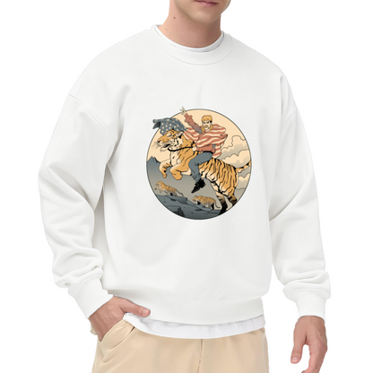 Trump Riding Tiger Sweatshirt | Retro Cartoon Patriotic Graphic Crewneck, American Flag Pullover Top, Political Humor Gift for Men Women