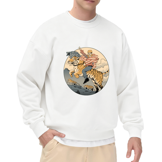 Trump Riding Tiger Sweatshirt | Retro Cartoon Patriotic Graphic Crewneck, American Flag Pullover Top, Political Humor Gift for Men Women