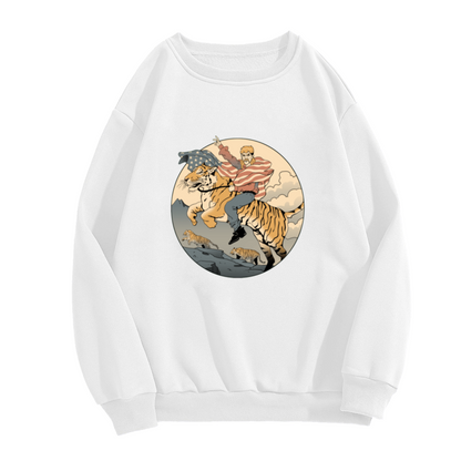 Trump Riding Tiger Sweatshirt | Retro Cartoon Patriotic Graphic Crewneck, American Flag Pullover Top, Political Humor Gift for Men Women