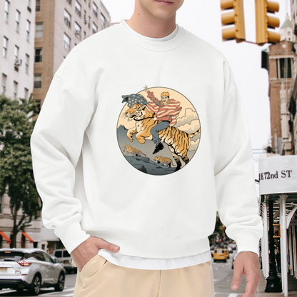 Trump Riding Tiger Sweatshirt | Retro Cartoon Patriotic Graphic Crewneck, American Flag Pullover Top, Political Humor Gift for Men Women
