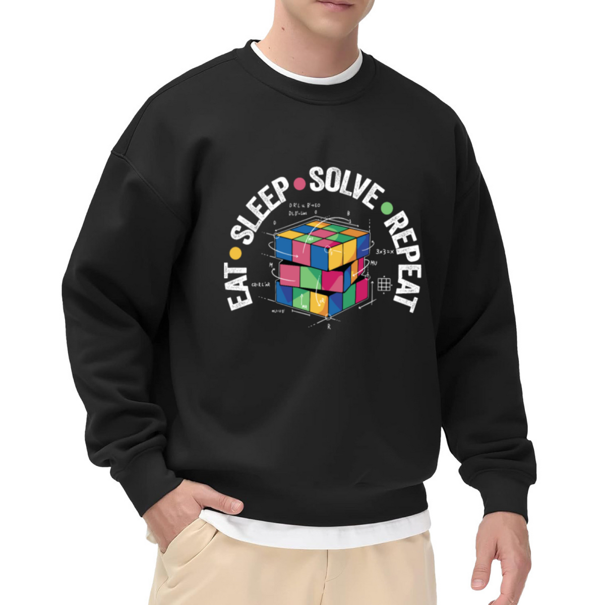 Eat Sleep Solve Repeat Rubik's Cube Crewneck Sweatshirt, Math Puzzle Geek Pullover, Puzzle Gift
