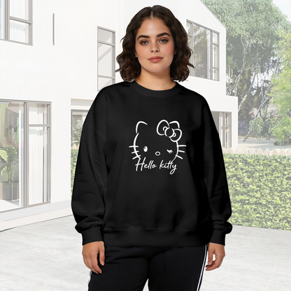 Minimal Wink Hello Kitty Line?Art Black Crewneck Sweatshirt