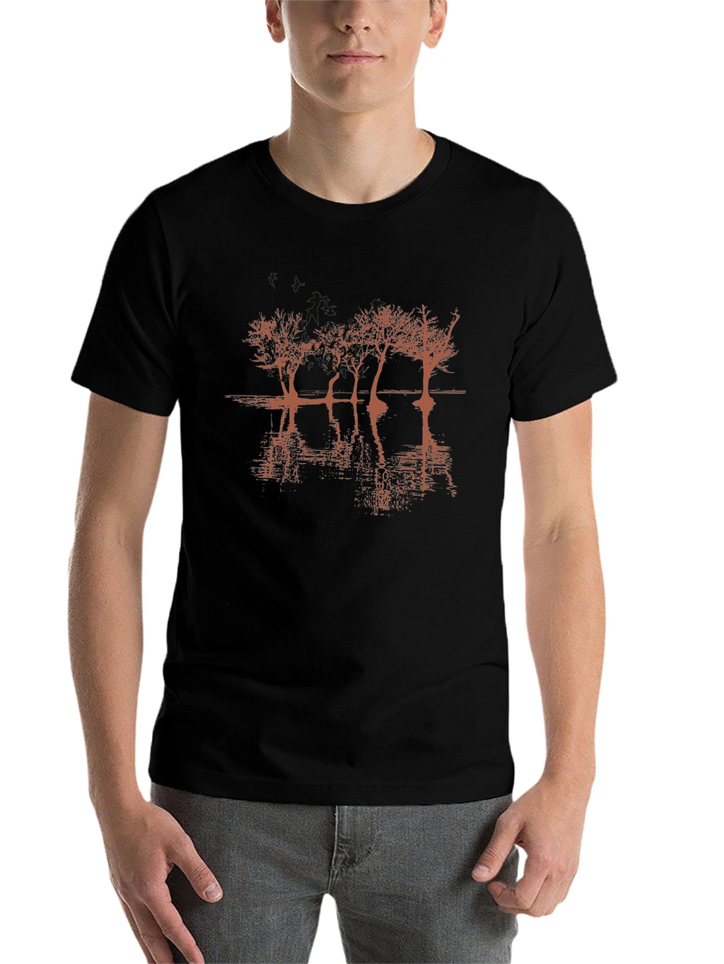Mens Black Graphic T-Shirt - Tree Reflection Design