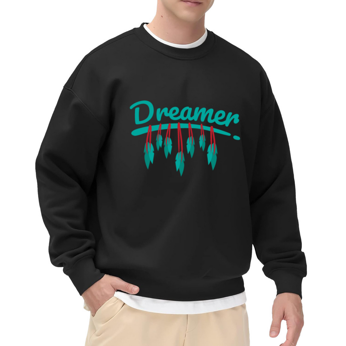 Dreamer Feather Crewneck Sweatshirt - Minimal Boho Handwritten Pullover, Inspirational Graphic, Free Spirit Top