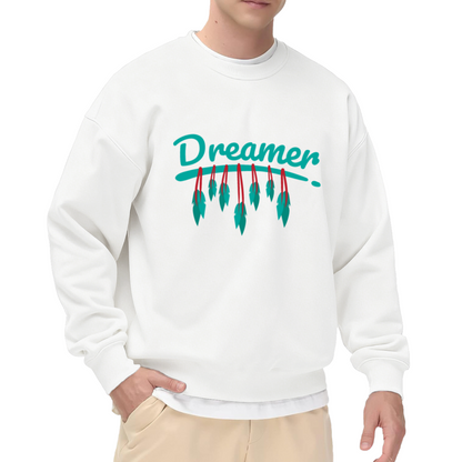 Dreamer Feather Crewneck Sweatshirt - Minimal Boho Handwritten Pullover, Inspirational Graphic, Free Spirit Top