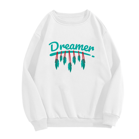 Dreamer Feather Crewneck Sweatshirt - Minimal Boho Handwritten Pullover, Inspirational Graphic, Free Spirit Top