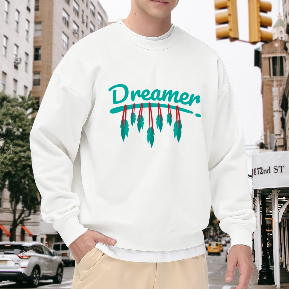 Dreamer Feather Crewneck Sweatshirt - Minimal Boho Handwritten Pullover, Inspirational Graphic, Free Spirit Top