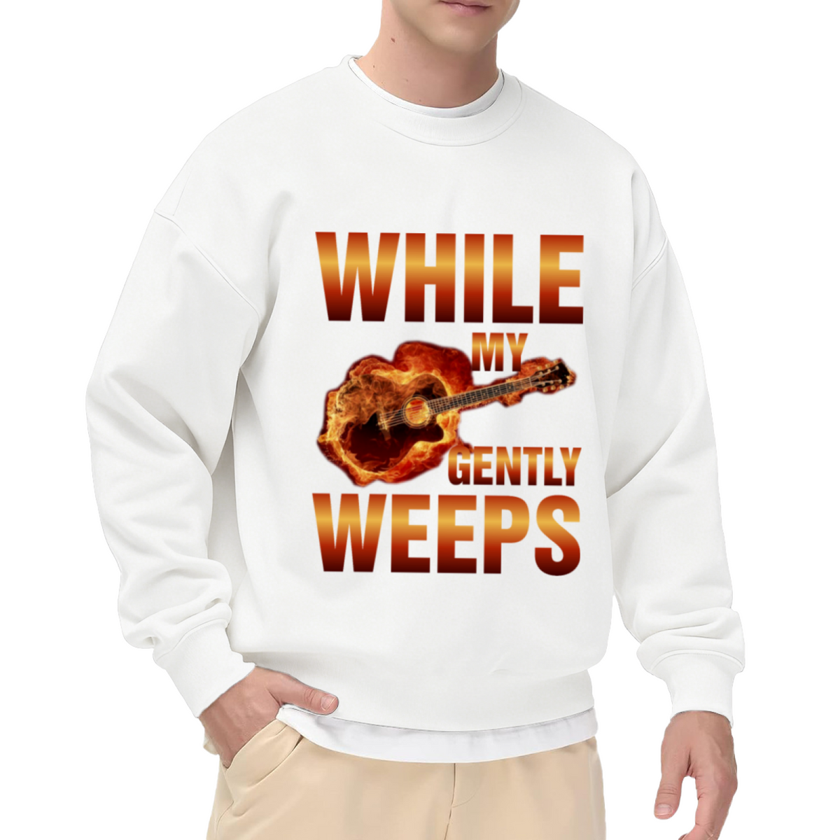 While My Guitar Gently Weeps Flaming Guitar Crewneck Sweatshirt | Rock Music Flame Graphic Pullover, Guitarist Gift