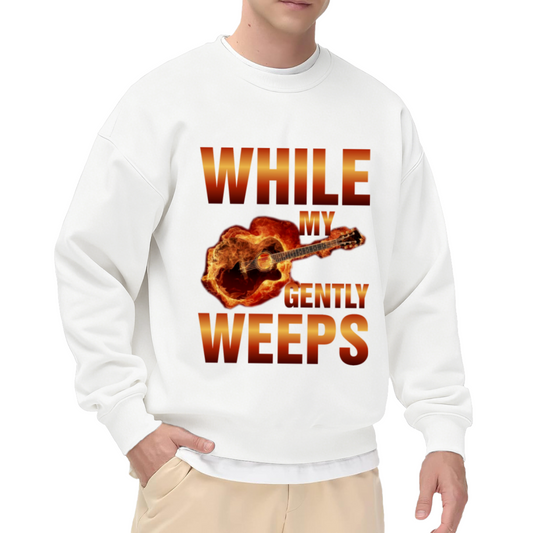 While My Guitar Gently Weeps Flaming Guitar Crewneck Sweatshirt | Rock Music Flame Graphic Pullover, Guitarist Gift
