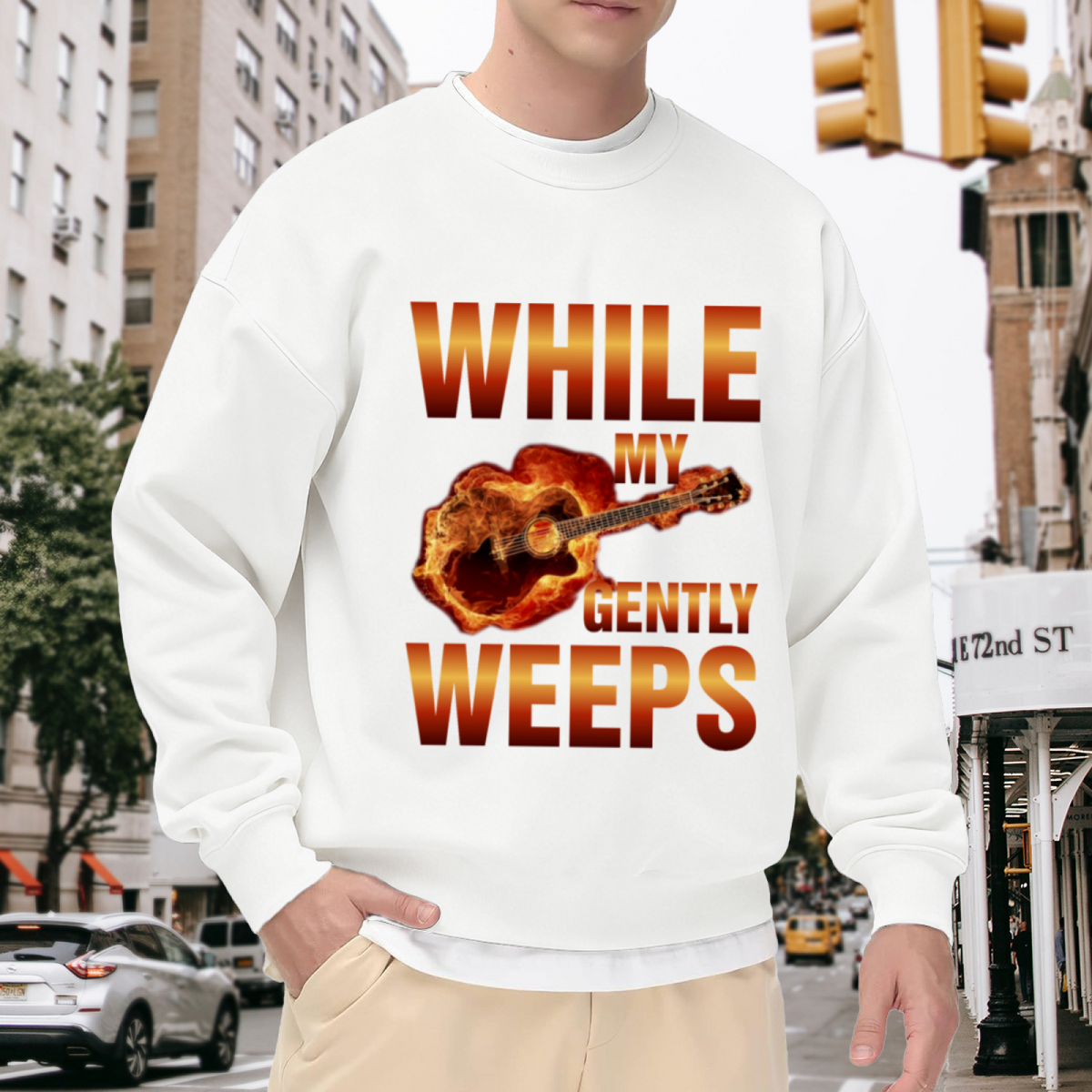 While My Guitar Gently Weeps Flaming Guitar Crewneck Sweatshirt | Rock Music Flame Graphic Pullover, Guitarist Gift
