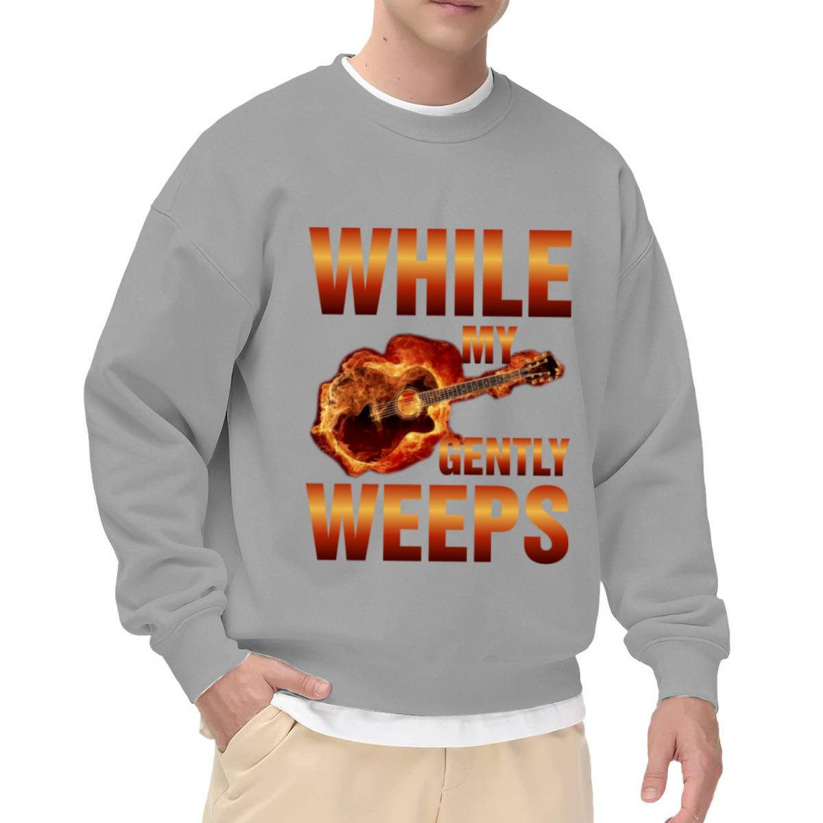 While My Guitar Gently Weeps Flaming Guitar Crewneck Sweatshirt | Rock Music Flame Graphic Pullover, Guitarist Gift