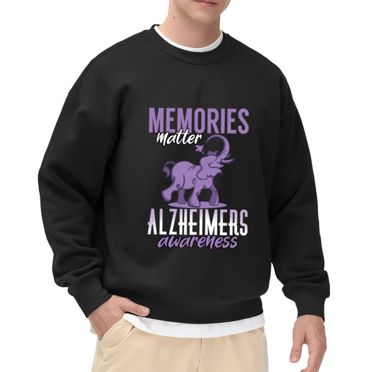 Memories Matter Alzheimer's Awareness Crewneck Sweatshirt - Purple Elephant Support Graphic, Dementia Awareness Pullover