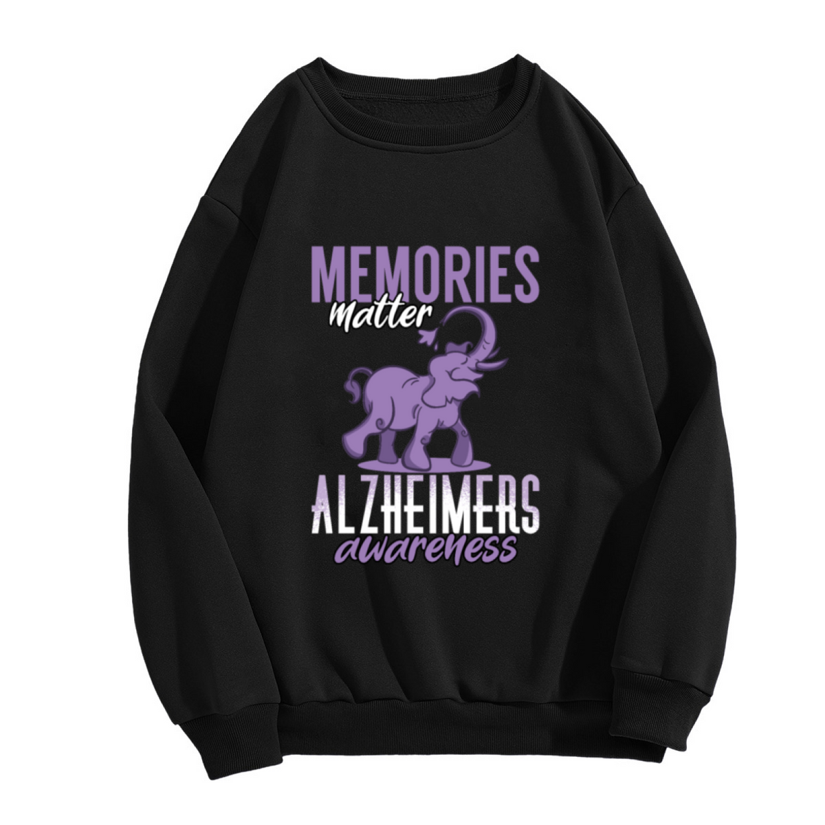 Memories Matter Alzheimer's Awareness Crewneck Sweatshirt - Purple Elephant Support Graphic, Dementia Awareness Pullover