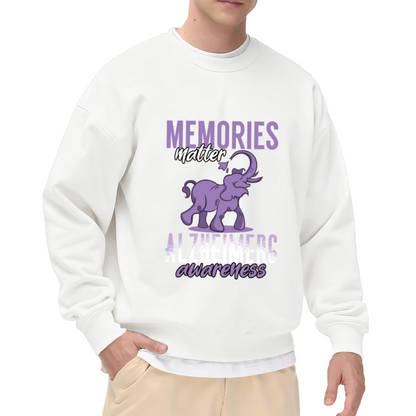 Memories Matter Alzheimer's Awareness Crewneck Sweatshirt - Purple Elephant Support Graphic, Dementia Awareness Pullover