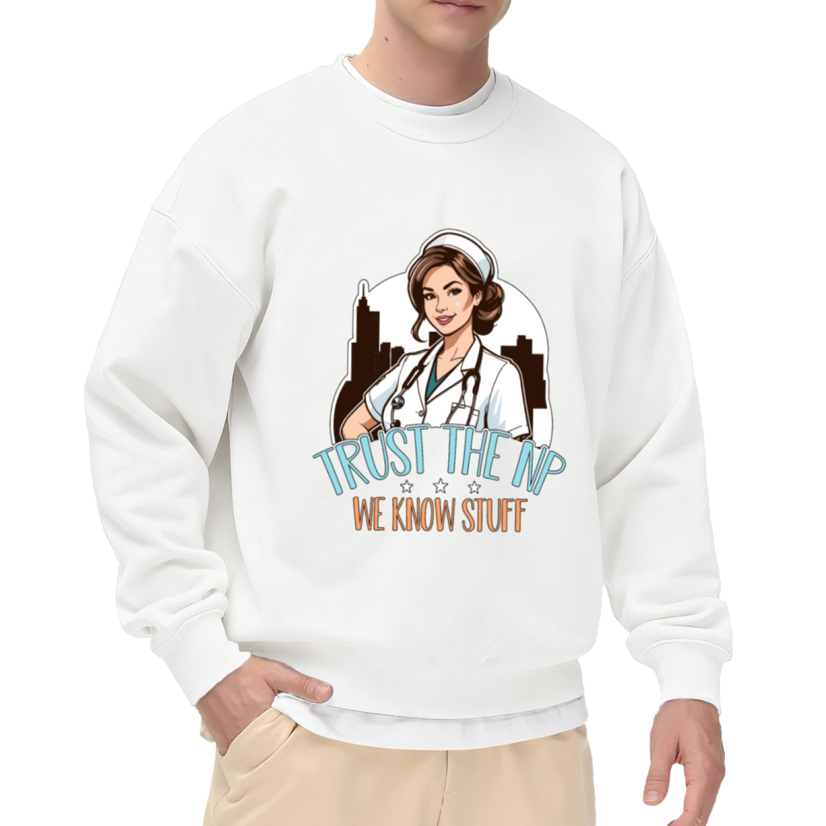 Trust The NP We Know Stuff Crewneck Sweatshirt | Funny Nurse Practitioner Pullover, Cartoon Medical Graphic Top, Nurses Day Gift