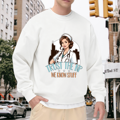 Trust The NP We Know Stuff Crewneck Sweatshirt | Funny Nurse Practitioner Pullover, Cartoon Medical Graphic Top, Nurses Day Gift