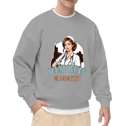 Trust The NP We Know Stuff Crewneck Sweatshirt | Funny Nurse Practitioner Pullover, Cartoon Medical Graphic Top, Nurses Day Gift