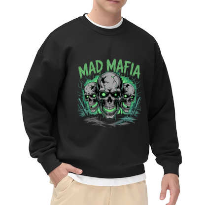 Mad Mafia Skulls Sweatshirt | Gothic Cracked Skull Graphic Crewneck, Dark Streetwear Pullover Top, Halloween Gift for Men Women