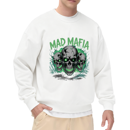 Mad Mafia Skulls Sweatshirt | Gothic Cracked Skull Graphic Crewneck, Dark Streetwear Pullover Top, Halloween Gift for Men Women