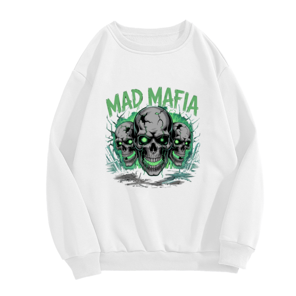 Mad Mafia Skulls Sweatshirt | Gothic Cracked Skull Graphic Crewneck, Dark Streetwear Pullover Top, Halloween Gift for Men Women