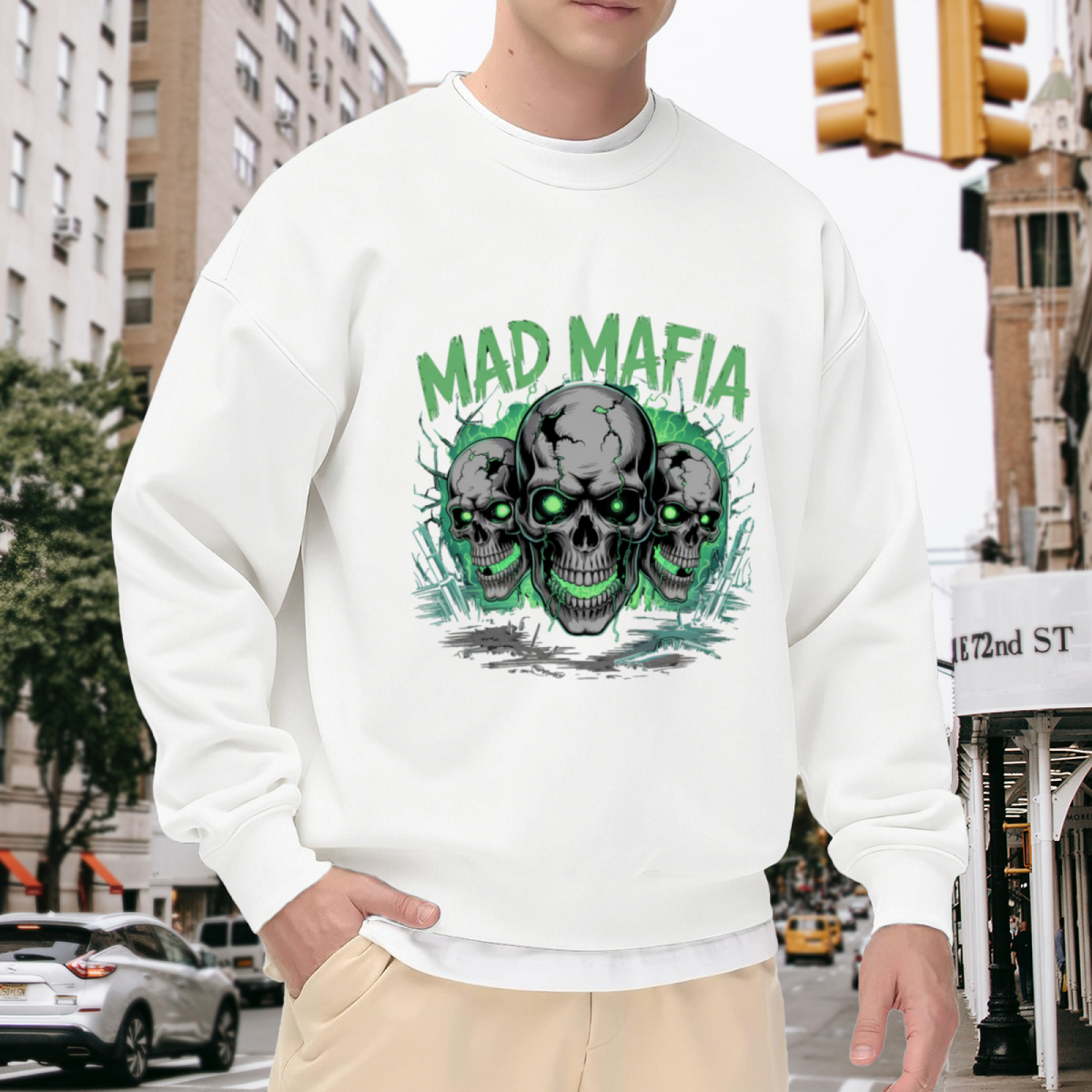 Mad Mafia Skulls Sweatshirt | Gothic Cracked Skull Graphic Crewneck, Dark Streetwear Pullover Top, Halloween Gift for Men Women