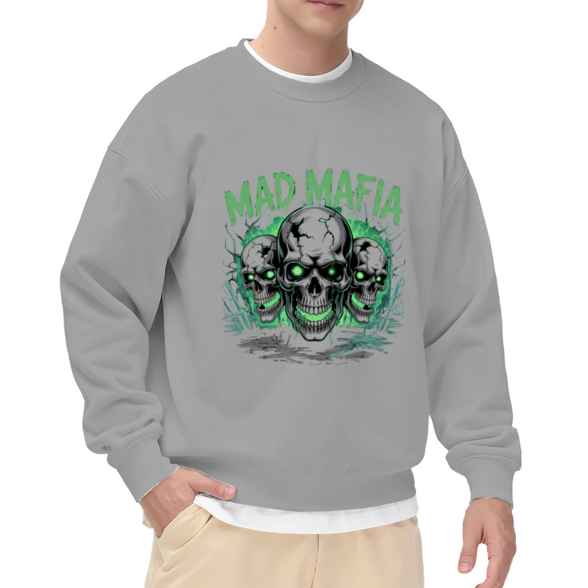 Mad Mafia Skulls Sweatshirt | Gothic Cracked Skull Graphic Crewneck, Dark Streetwear Pullover Top, Halloween Gift for Men Women