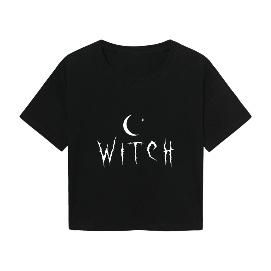 Witch Crescent Moon Dark Gothic Black Crop Tee ¨C Halloween Spooky Women Top
