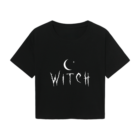 Witch Crescent Moon Dark Gothic Black Crop Tee ¨C Halloween Spooky Women Top
