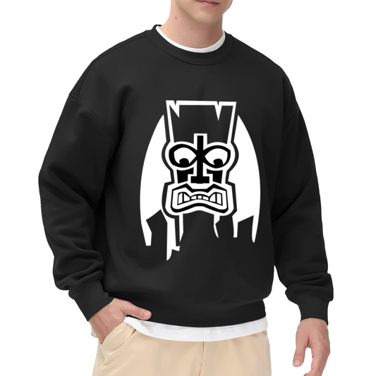 Geometric Tribal Tiki Face Crewneck Sweatshirt | High-Contrast Mask Graphic Pullover, Streetwear Top