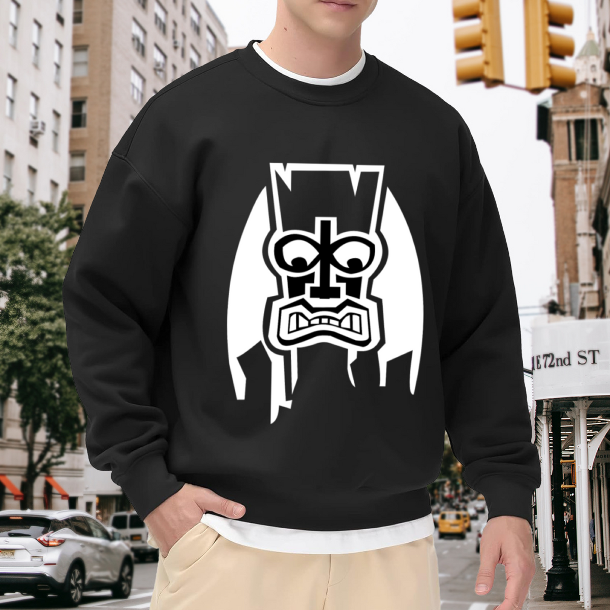 Geometric Tribal Tiki Face Crewneck Sweatshirt | High-Contrast Mask Graphic Pullover, Streetwear Top