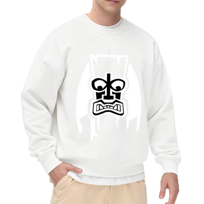 Geometric Tribal Tiki Face Crewneck Sweatshirt | High-Contrast Mask Graphic Pullover, Streetwear Top
