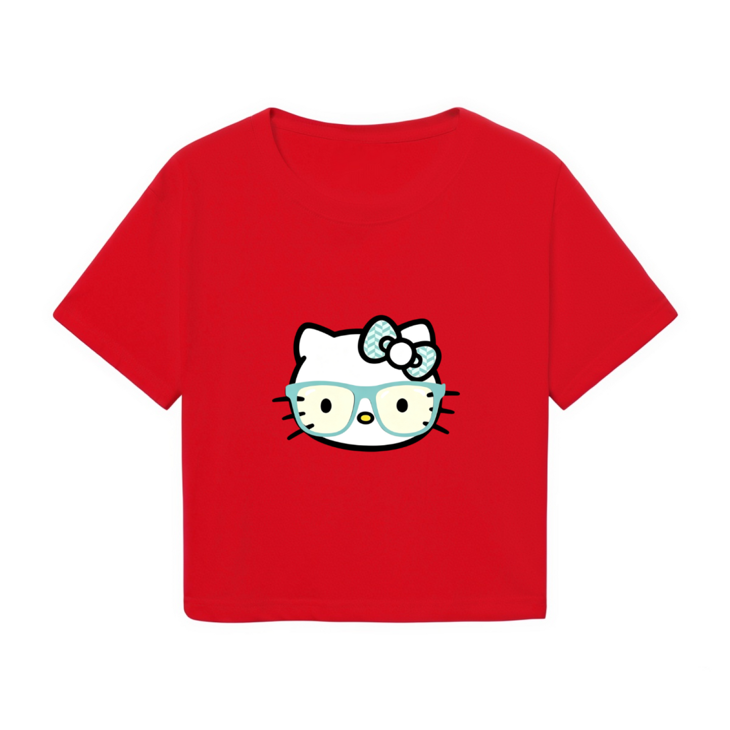 Nerdy Glasses?Wearing Hello Kitty Trendy Red Cropped Top