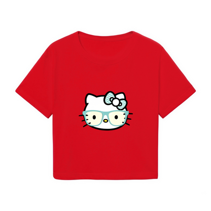 Nerdy Glasses?Wearing Hello Kitty Trendy Red Cropped Top