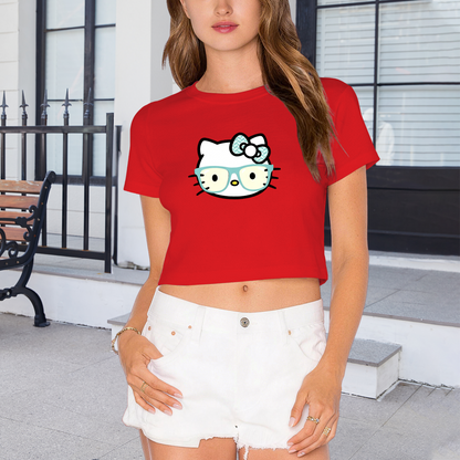 Nerdy Glasses?Wearing Hello Kitty Trendy Red Cropped Top