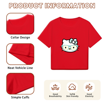 Nerdy Glasses?Wearing Hello Kitty Trendy Red Cropped Top