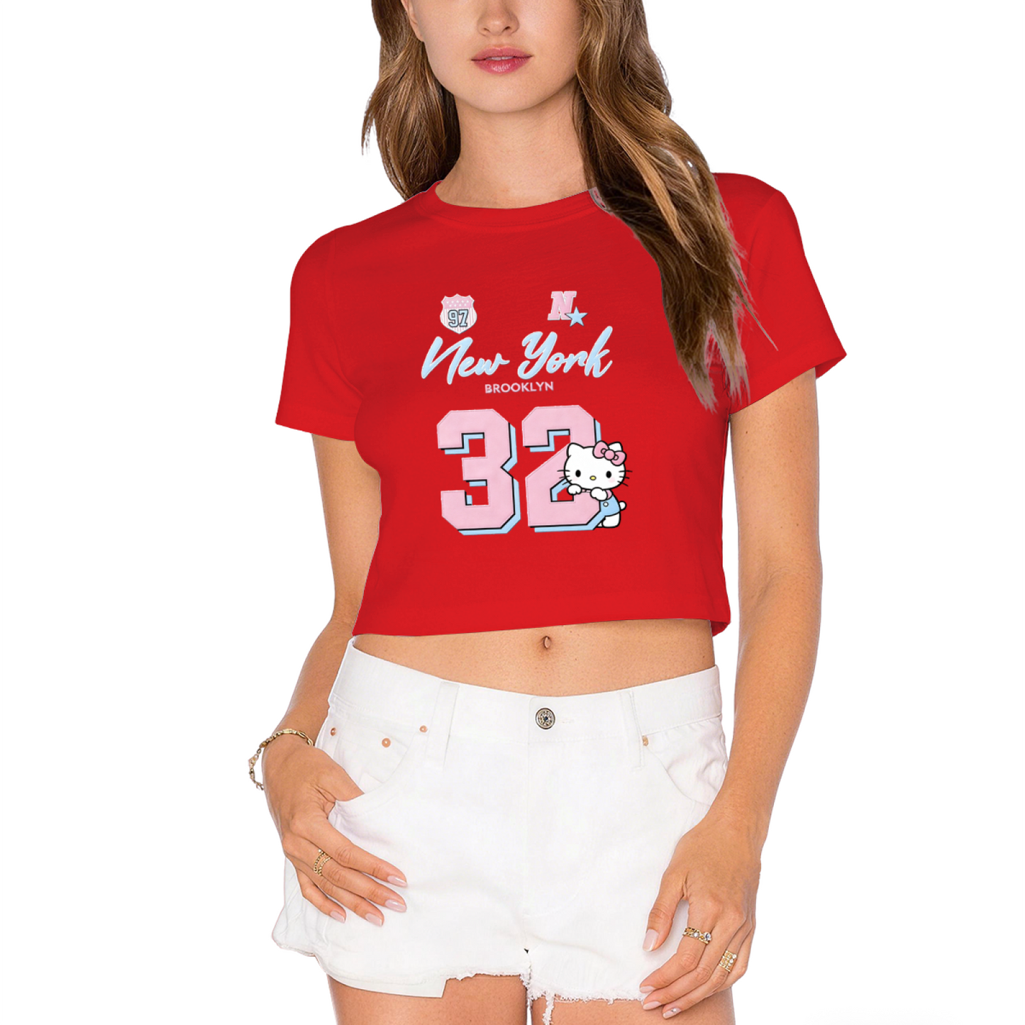 Sporty Number 32 New York Hello Kitty Red Cropped Top Varsity Crop Tee