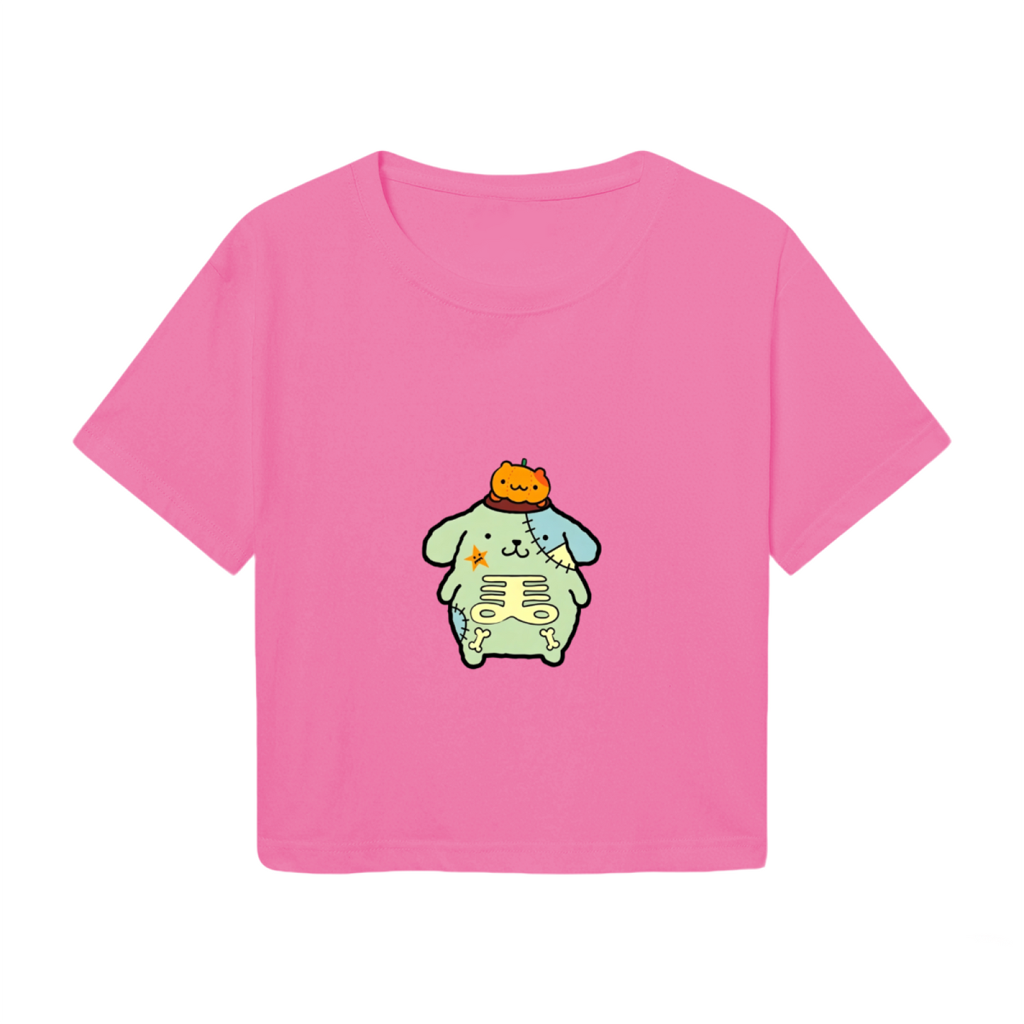 Spooky Patchwork Pompompurin Pink Cropped T?Shirt