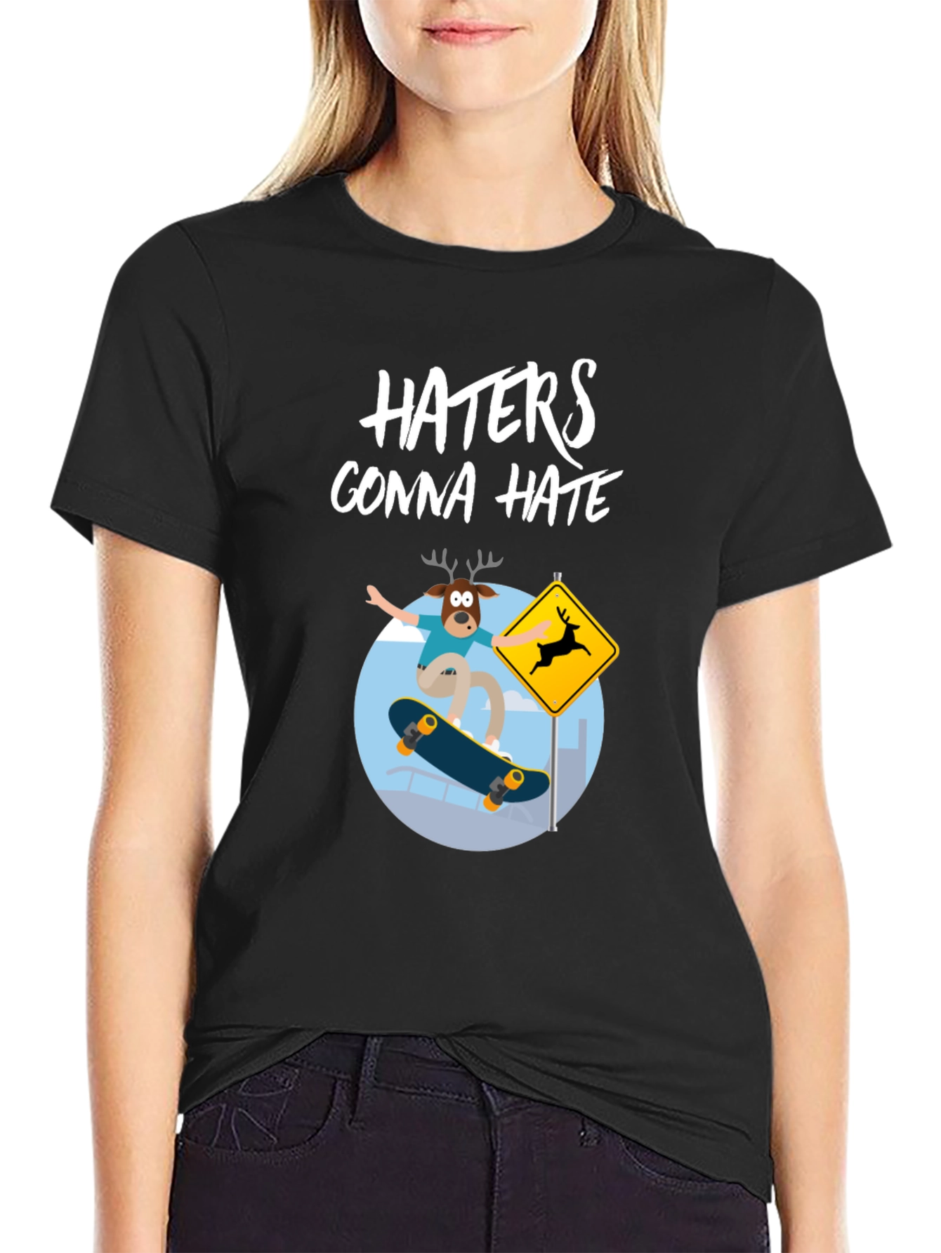 Haters Gonna Hate Deer Skateboarder Graphic Tee