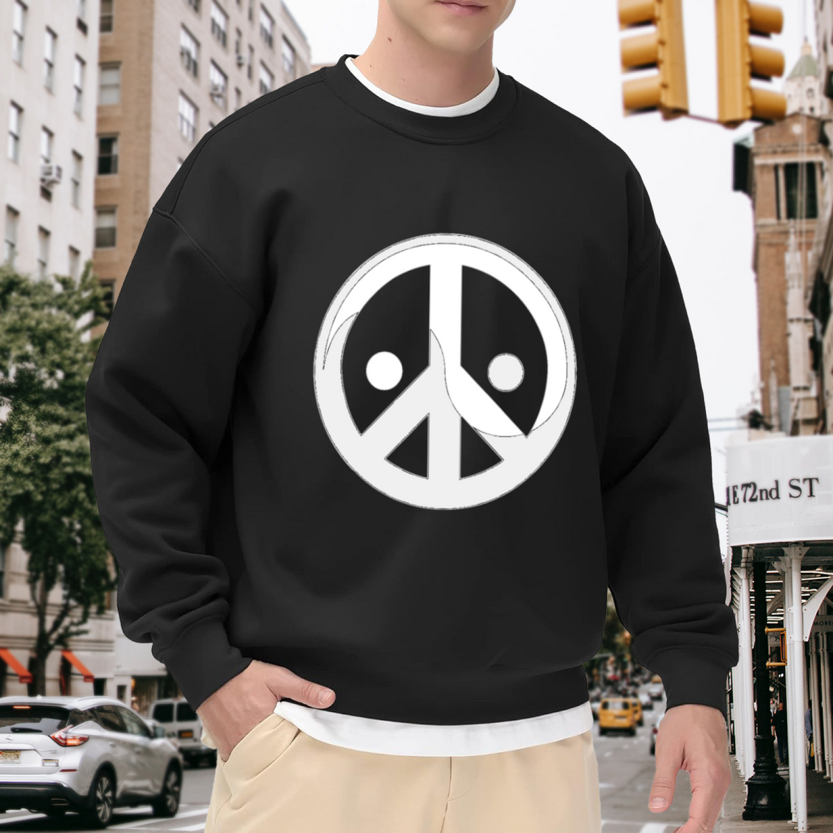 Smiley Peace Sign Crewneck Sweatshirt - Retro Hippie Graphic Pullover, 60s Vintage Streetwear, Groovy Flower Power Top