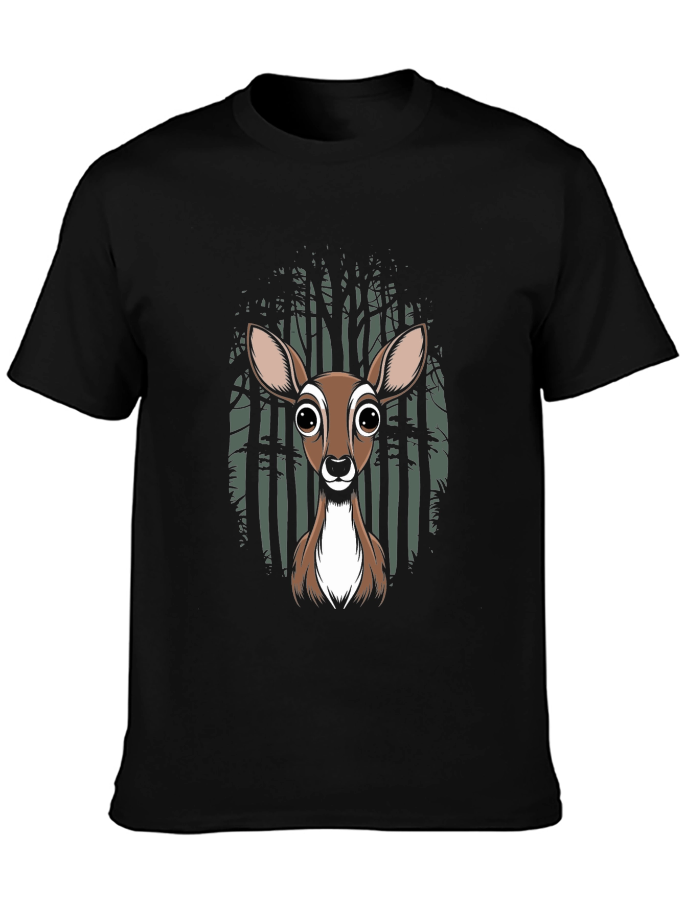 Deer in Forest Graphic Tee - Black Cotton Blend T-Shirt