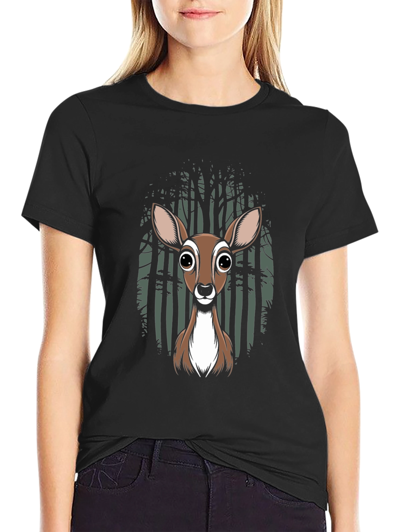 Deer in Forest Graphic Tee - Black Cotton Blend T-Shirt