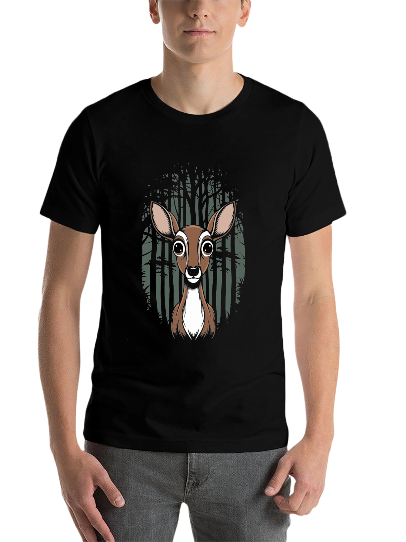 Deer in Forest Graphic Tee - Black Cotton Blend T-Shirt