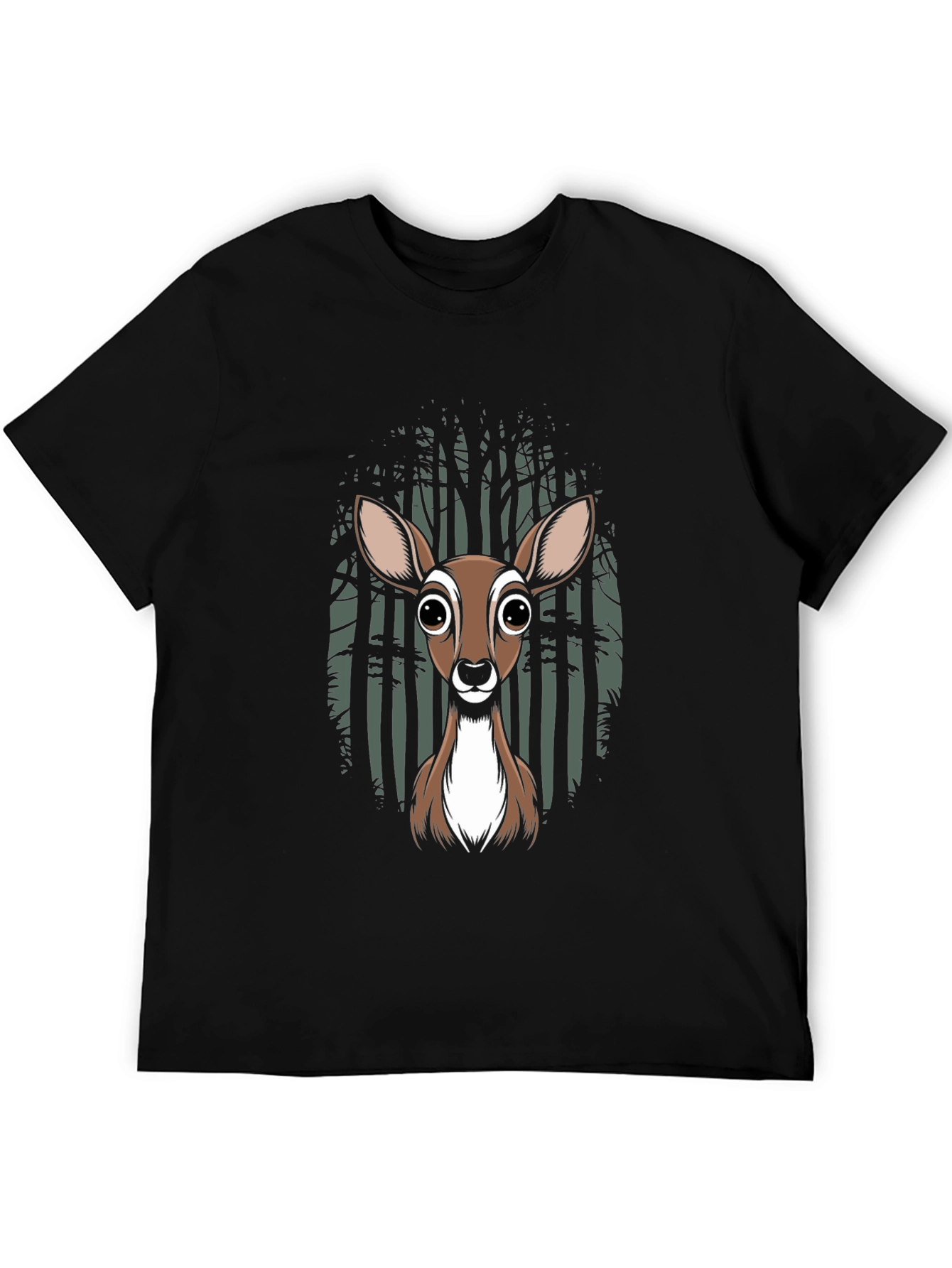 Deer in Forest Graphic Tee - Black Cotton Blend T-Shirt
