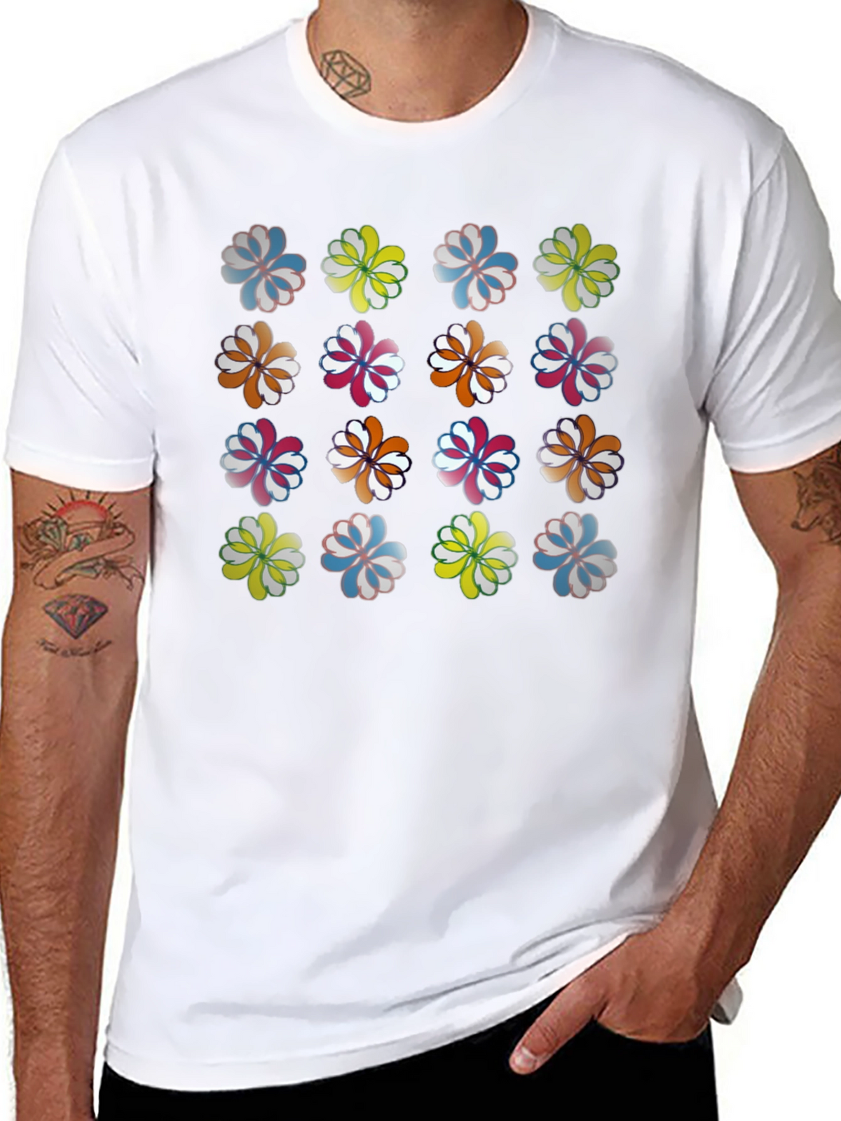 Floral Pattern Crew Neck T-Shirt - Black