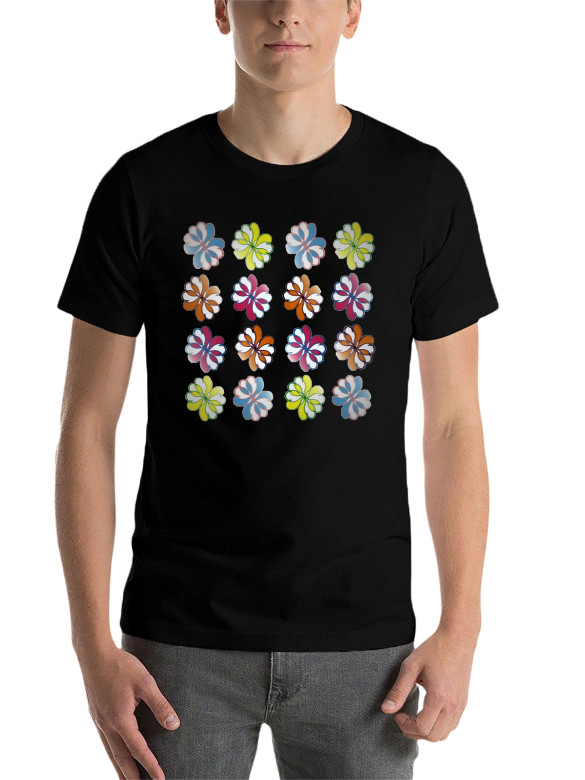 Floral Pattern Crew Neck T-Shirt - Black
