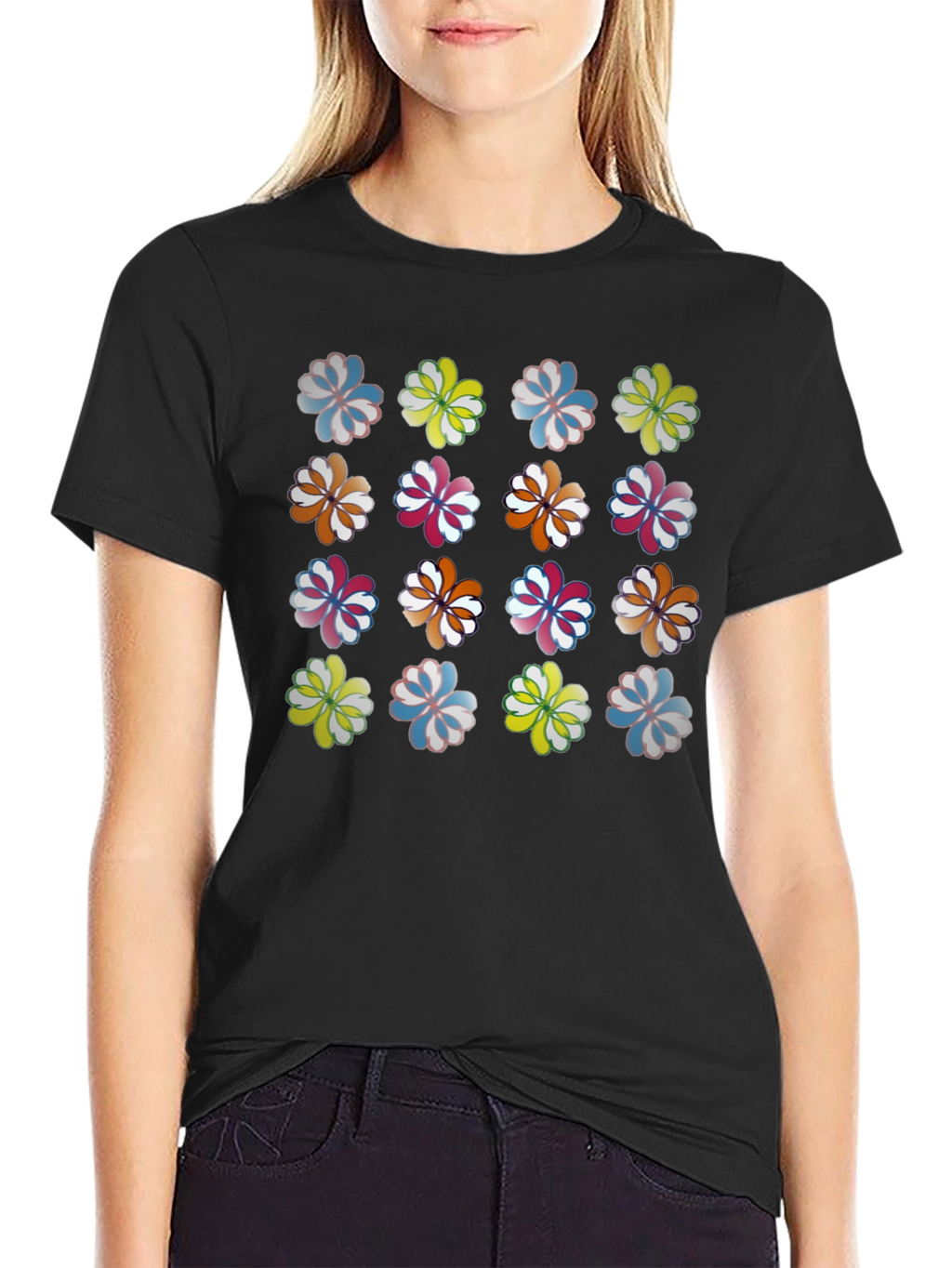Floral Pattern Crew Neck T-Shirt - Black