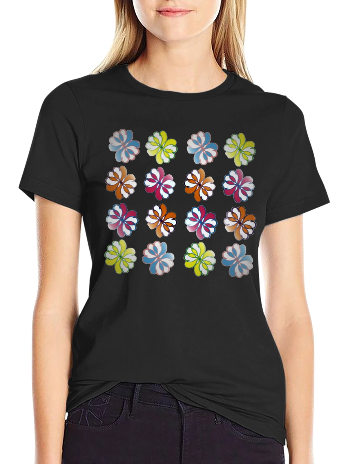 Floral Pattern Crew Neck T-Shirt - Black