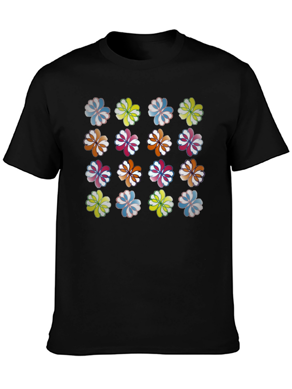 Floral Pattern Crew Neck T-Shirt - Black