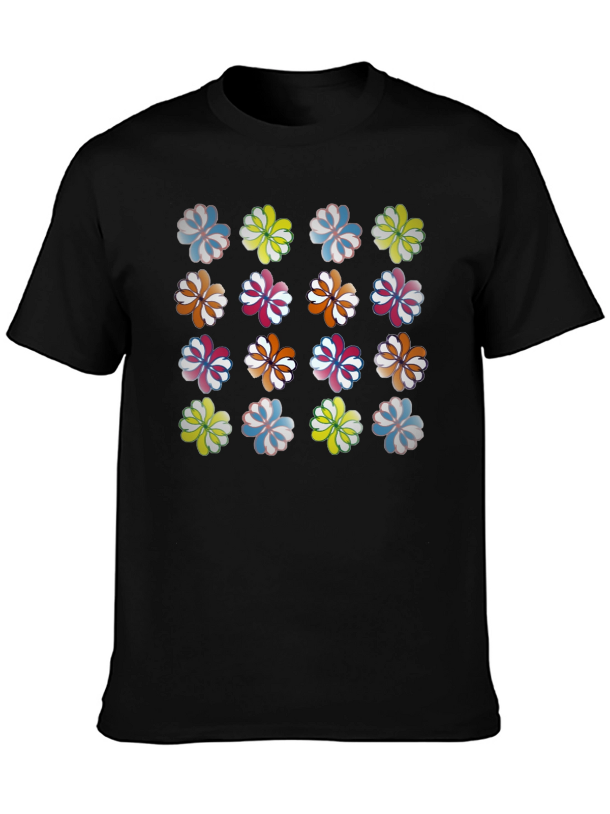 Floral Pattern Crew Neck T-Shirt - Black