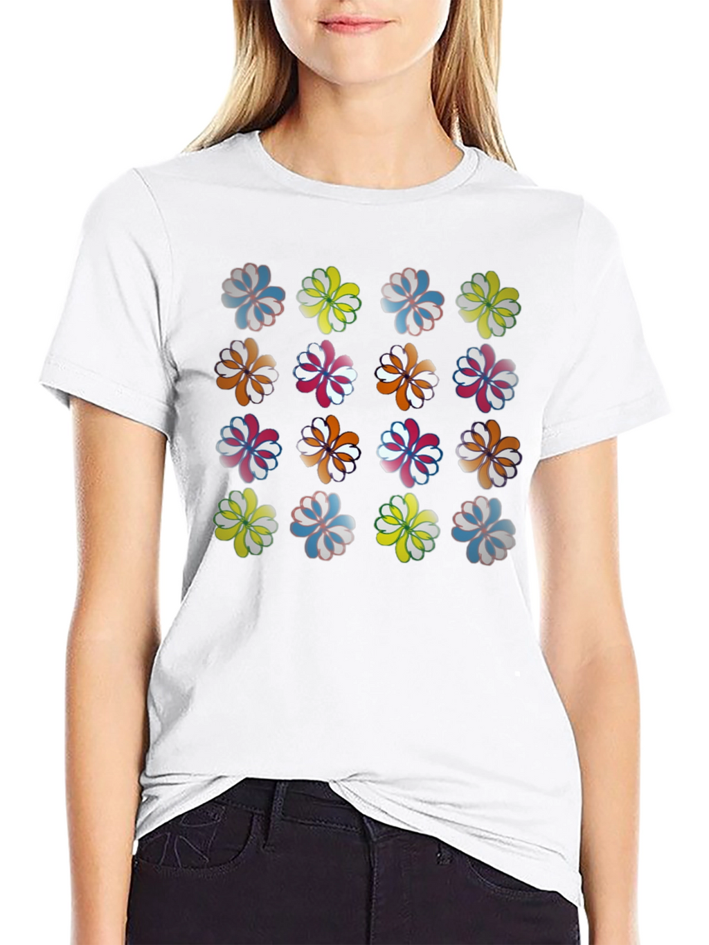 Floral Pattern Crew Neck T-Shirt - Black